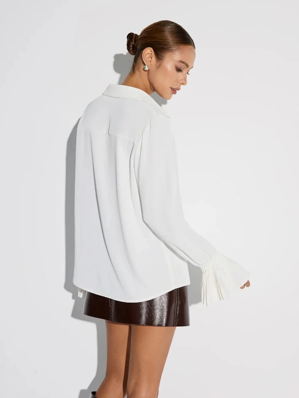 Commense White Pleated Front Button-Down Blouse with Flared Cuffs
